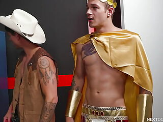 Muscle jock Gladiator and hunk cowboy star in a steamy gay sex scene on NextDoorBuddies.